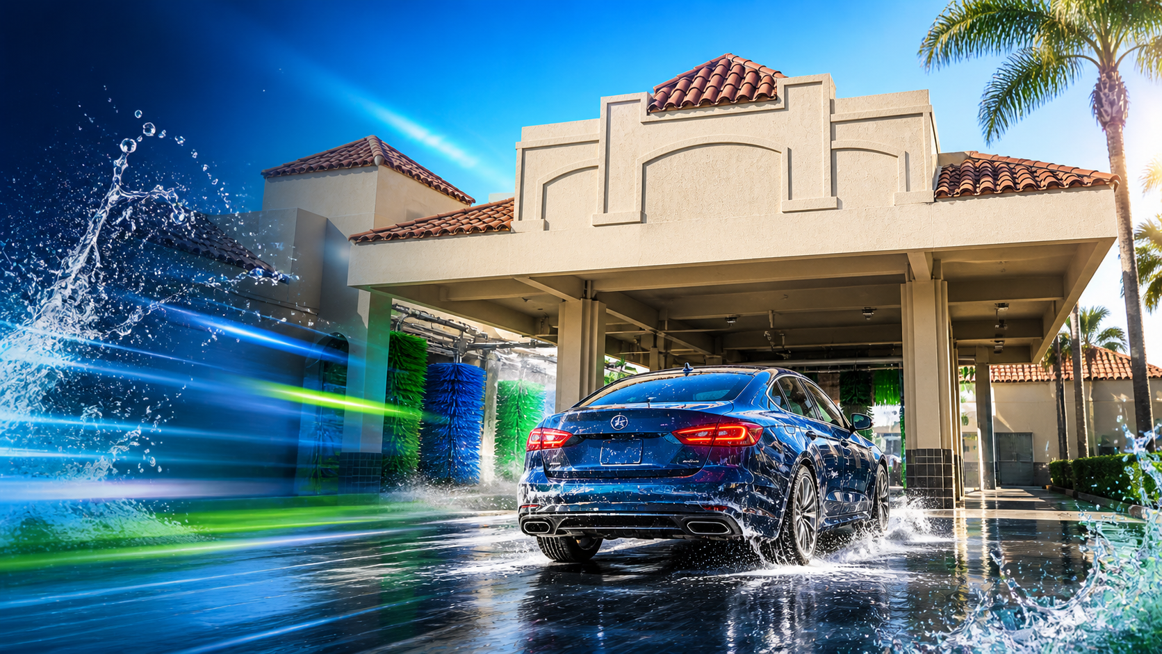 Blue sedan exiting Chino Hills Car Wash tunnel
