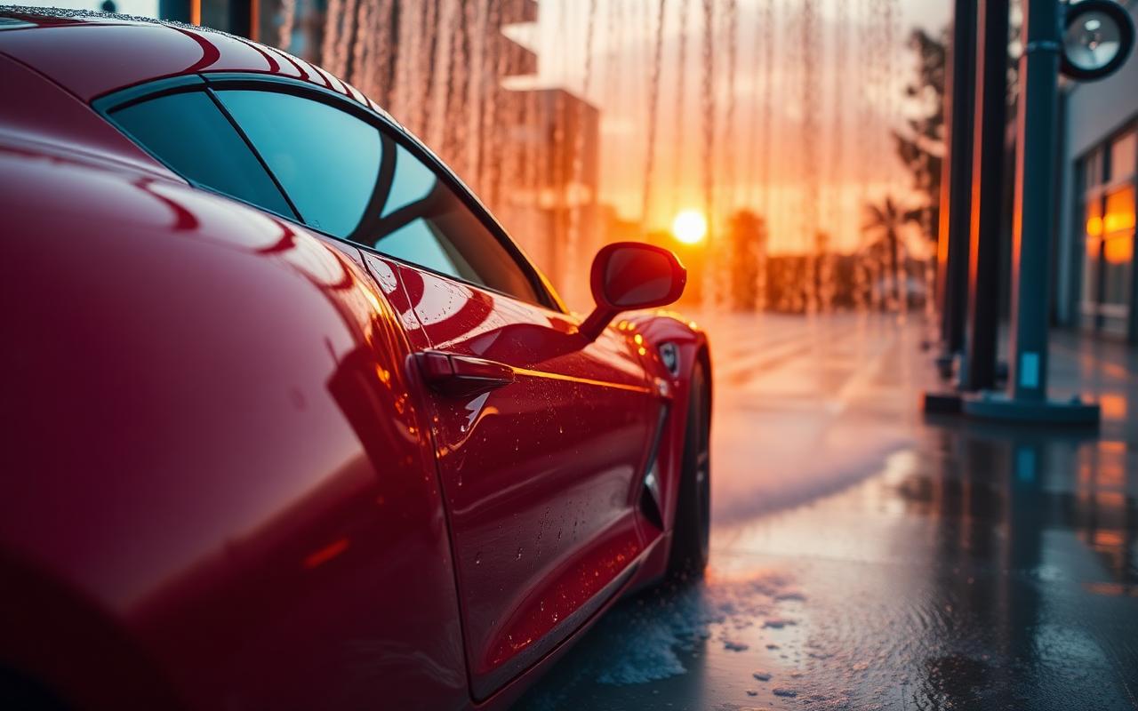 Shiny clean car at sunset